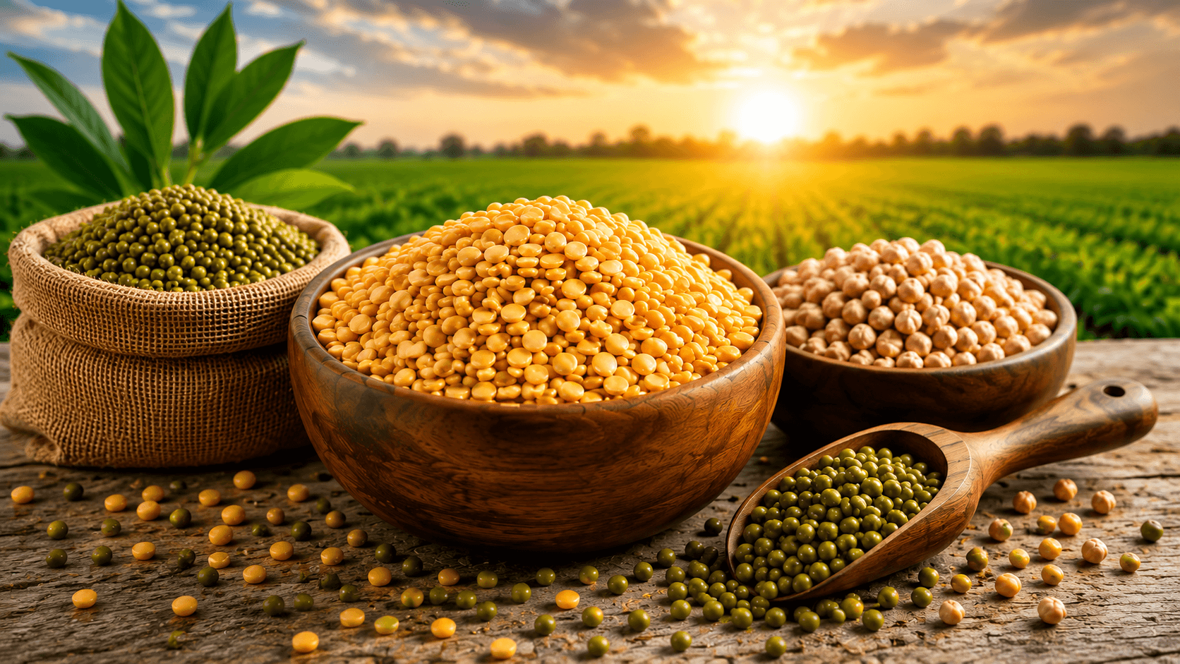 Golden toor dal, green moong and chana in wooden bowls beside a field at sunrise