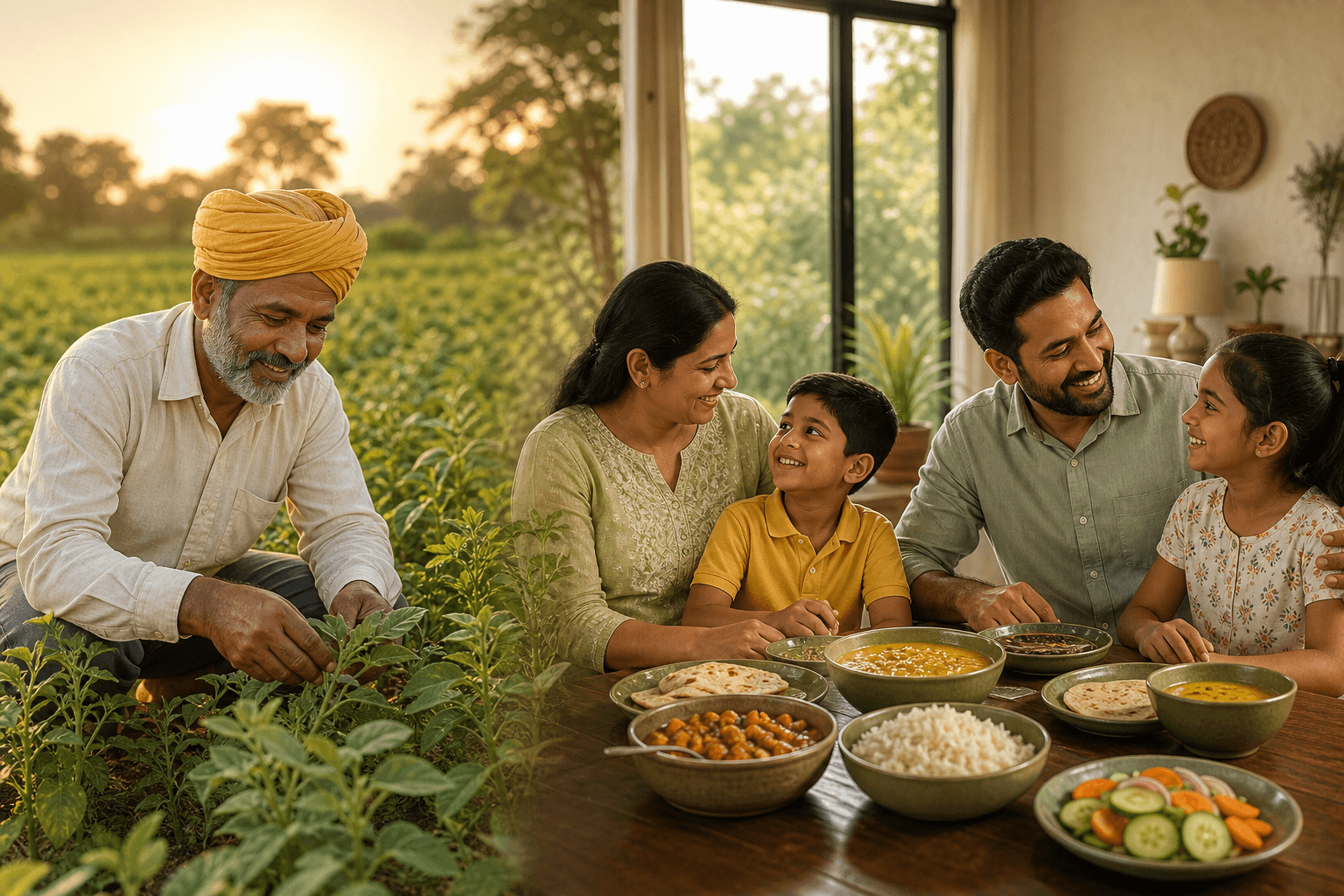A farmer tending pulse crops in a sunlit field, connected to an Indian family sharing a wholesome meal at home